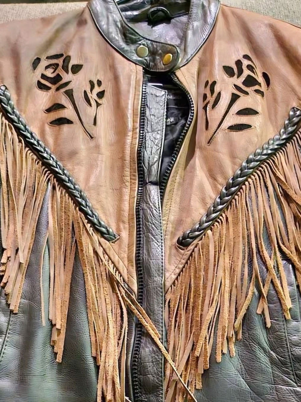 Unik Two-Tone Brown and Black Leather Fringe Jacket with Rose Cutouts